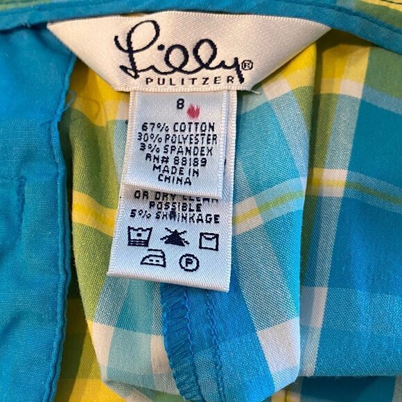 Lilly Pulitzer Sz 8 Yellow Turquoise Plaid Vintage Preppy Side Pocket Shorts - Picture 4 of 5
